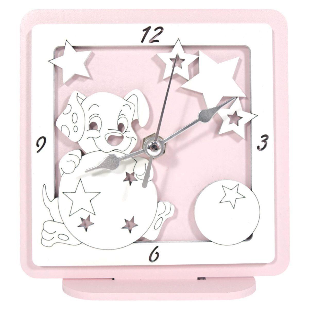 Orologio piccolo in legno da tavolo cane rosa bimba 12,5x12 cm