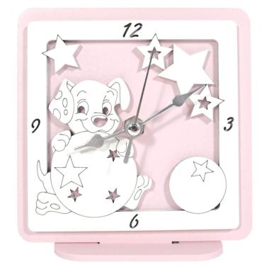 Orologio piccolo in legno da tavolo cane rosa bimba 12,5x12 cm