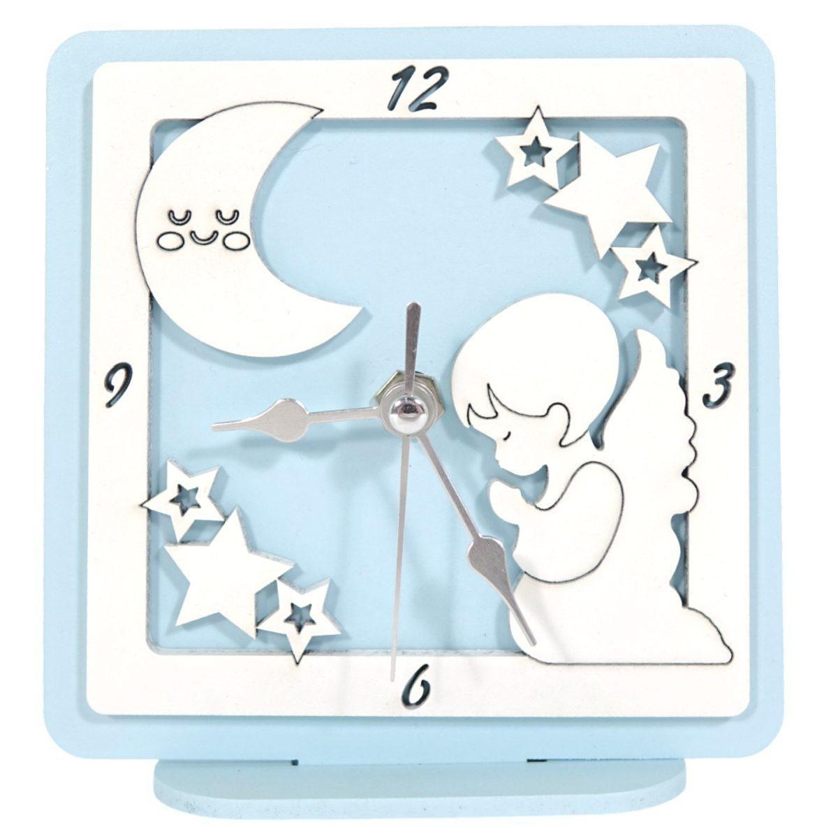 Orologio piccolo in legno da tavolo angelo azzurro bimbo 12,5x12 cm