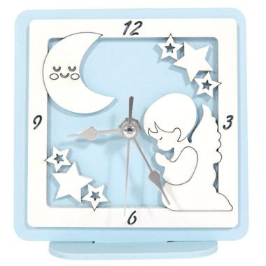 Orologio piccolo in legno da tavolo angelo azzurro bimbo 12,5x12 cm