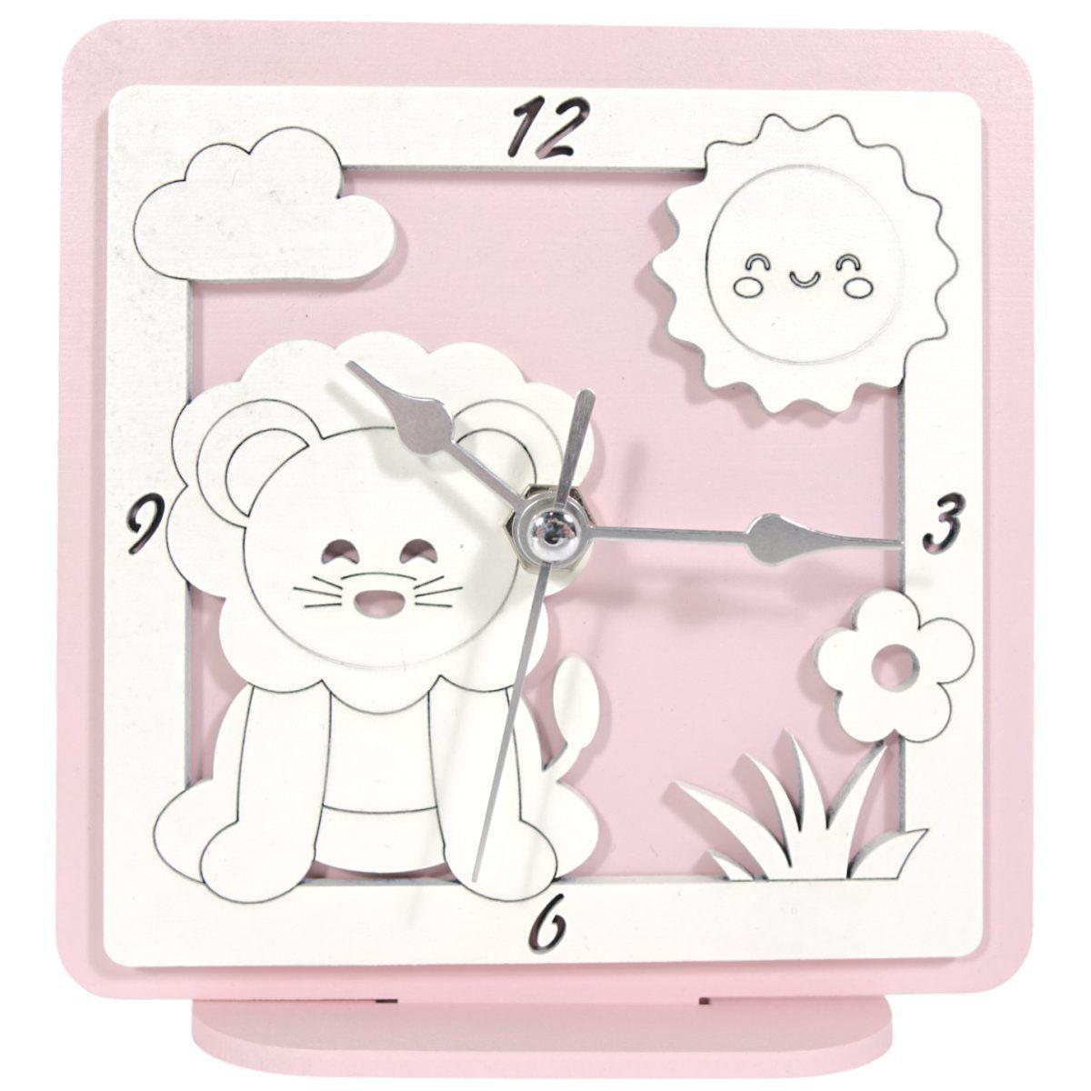 Orologio piccolo in legno da tavolo leone rosa bimba 12,5x12 cm