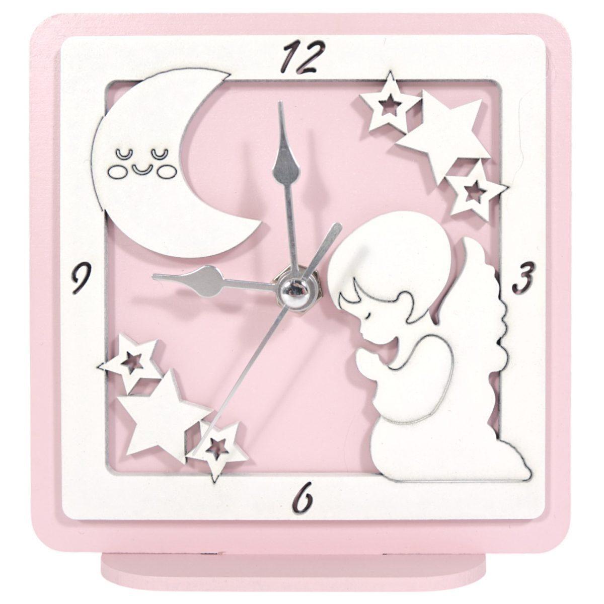 Orologio piccolo in legno da tavolo angelo rosa bimba 12,5x12 cm