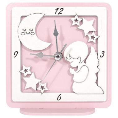 Orologio piccolo in legno da tavolo angelo rosa bimba 12,5x12 cm