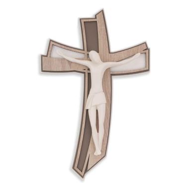 Cristo crocifisso stilizzato bianco su croce curva olmo grigio 46x30 cm Femiano