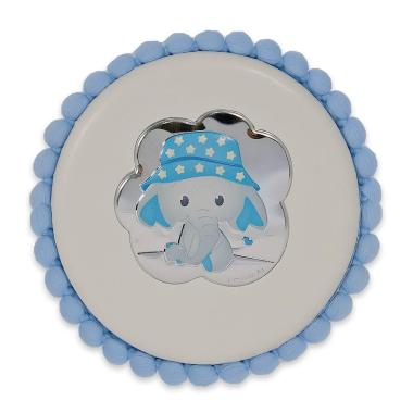 Medaglione tondo 10 cm con pon pon e carillon elefantino baby dream Celeste
