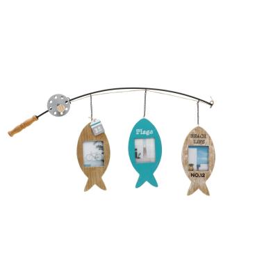 Decorazione portafoto per 3 foto da parete tavolo in mdf con pesci 73x34 cm