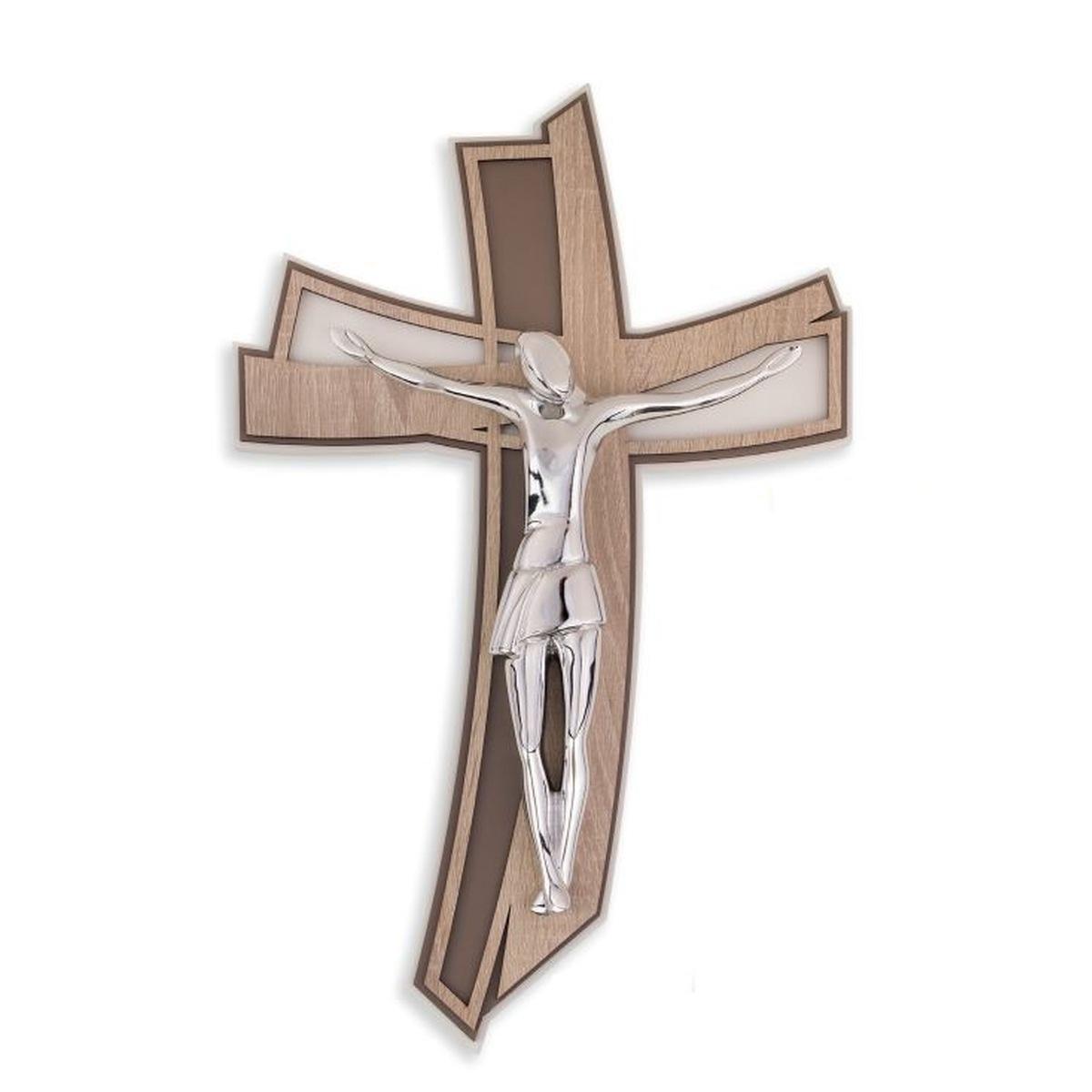 Cristo crocifisso stilizzato argento su croce curva olmo grigio 23x15 cm Femiano