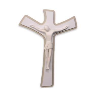 Cristo crocifisso stilizzato bianco su croce in legno bianco/tortora 19x32 cm