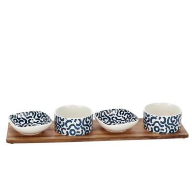 Set 4 ciotole in porcellana con vassoio in bamboo - vassoio 50 x 14 cm