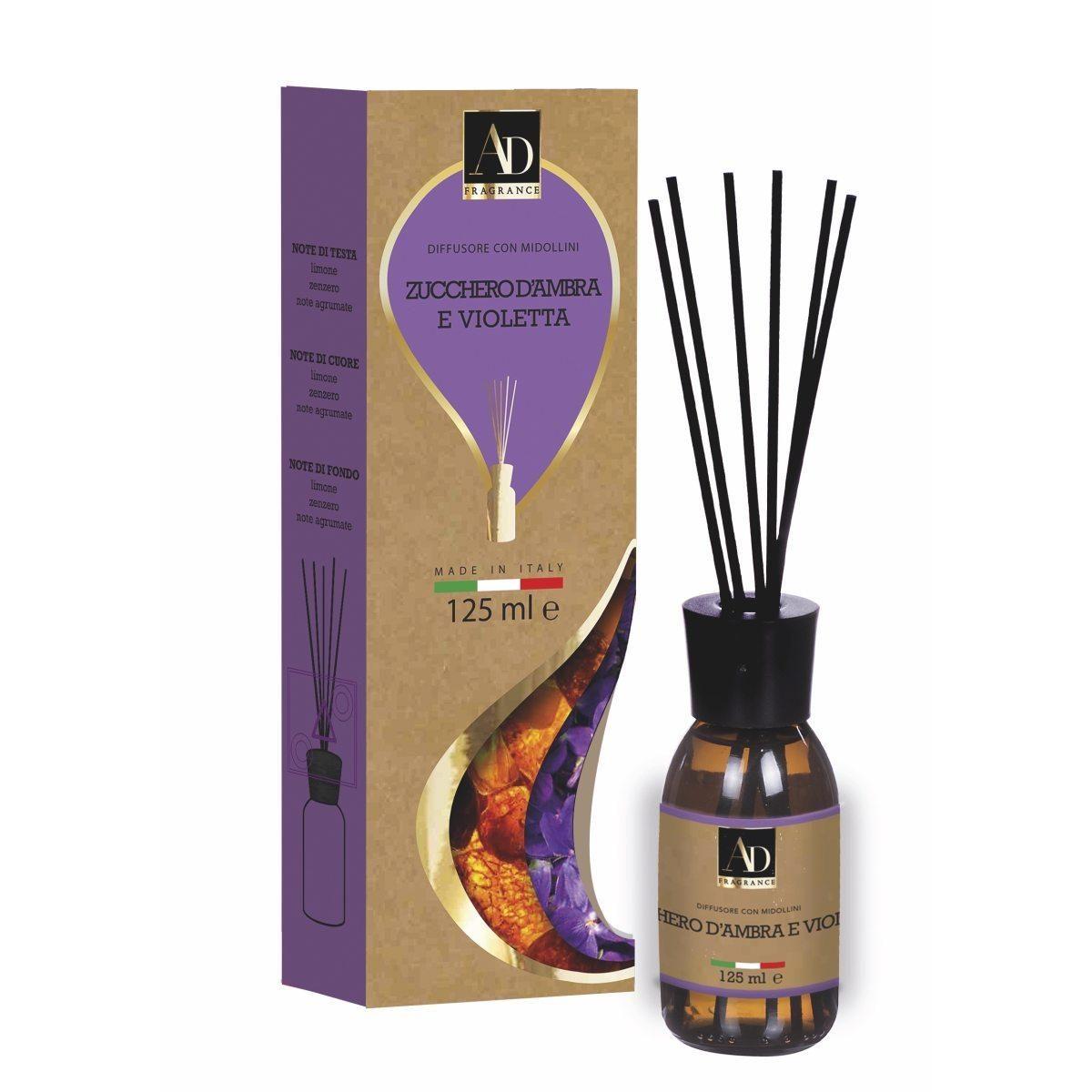 Diffusore di fragranza con midollini natura Zucchero d'Ambra e Violetta 125 ml.