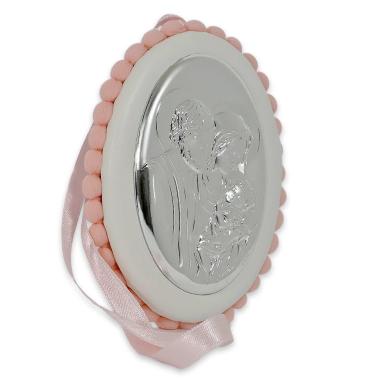 MEDAGLIONE SACRA FAMIGLIA OVALE C/PON PON E CARILLON ROSA 9X12cm