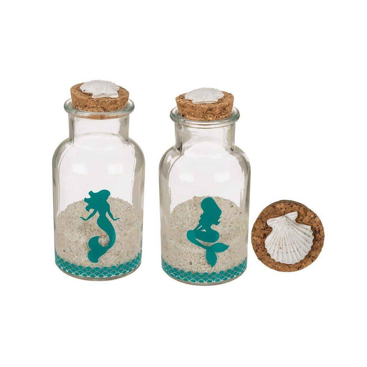Bottiglia rotonda in vetro con tappo di sughero sirena ripiena di sabbia & conchiglie ca 13x6,5